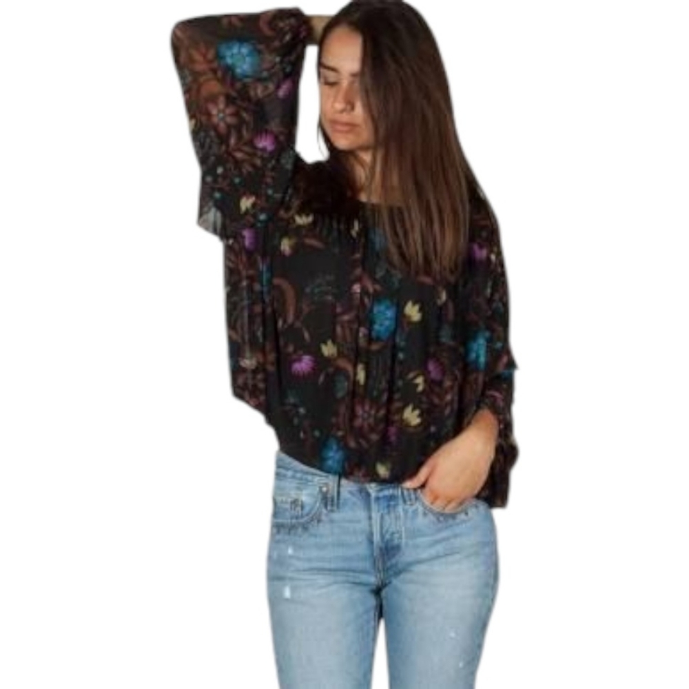 FREE PEOPLE Wildflower Mesh Blouson Top Ruffle Long Sleeve Oversized XS 2 4 6 - Picture 1 of 8